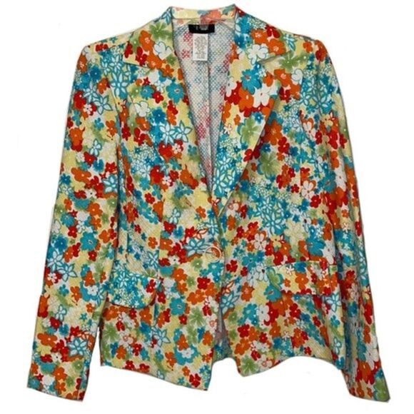 RQT Jackets & Blazers - RQT Multicolor Floral Cotton Pique Blazer Jacket Womens Size 12 Vintage Blue